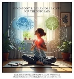 Chronic Pain Management, A woman sitting in a cross-legged meditation pose in a room with sunlight, surrounded by icons representing the mind, body, and behavioral care for chronic pain.