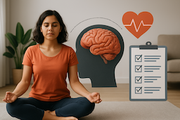 Meditation For Stress and Anxiety Meditation For Stress and Anxiety, A woman practicing meditation next to icons of a brain, a heartbeat, and a checklist, symbolizing mental health and well-being.