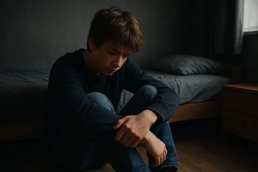 Teen Depression Conroe Tx, A person sitting on the floor with arms crossed over knees, looking down with a somber expression in a dimly lit bedroom.