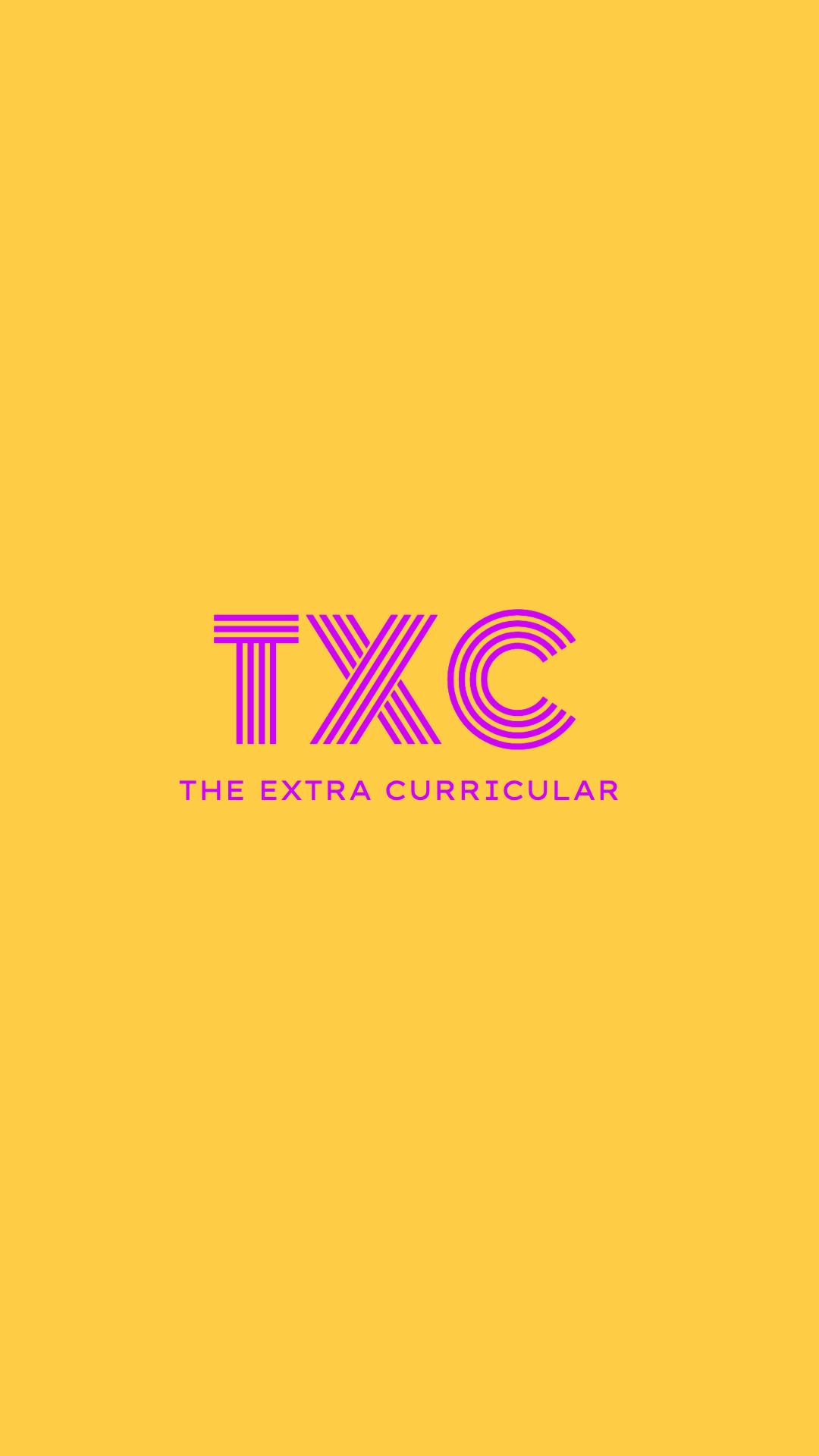 Yellow background with purple text displaying the logo 'TXC' and the phrase 'The Extra Curricular'