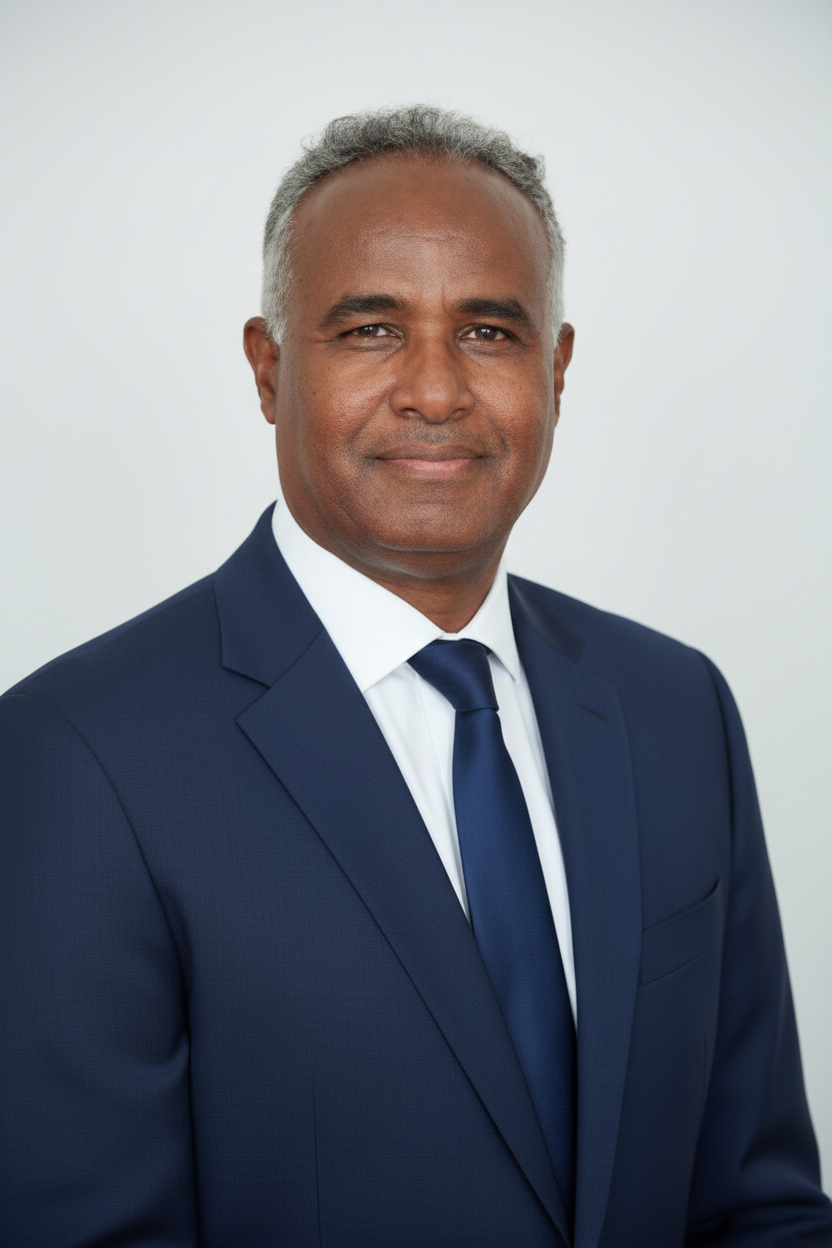 Professional portrait of a middle-aged man with gray hair, wearing a navy blue suit, white shirt, and blue tie, standing against a plain light background.