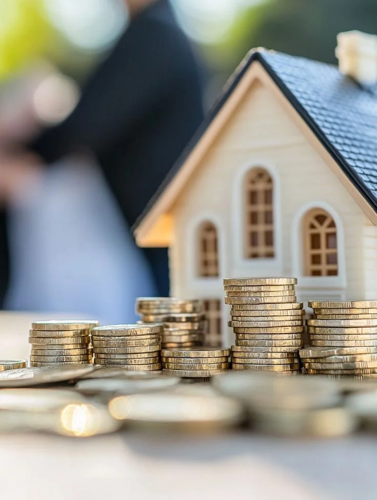 Montón de monedas apiladas frente a una casa de muñecas, simbolizando inversión inmobiliaria.