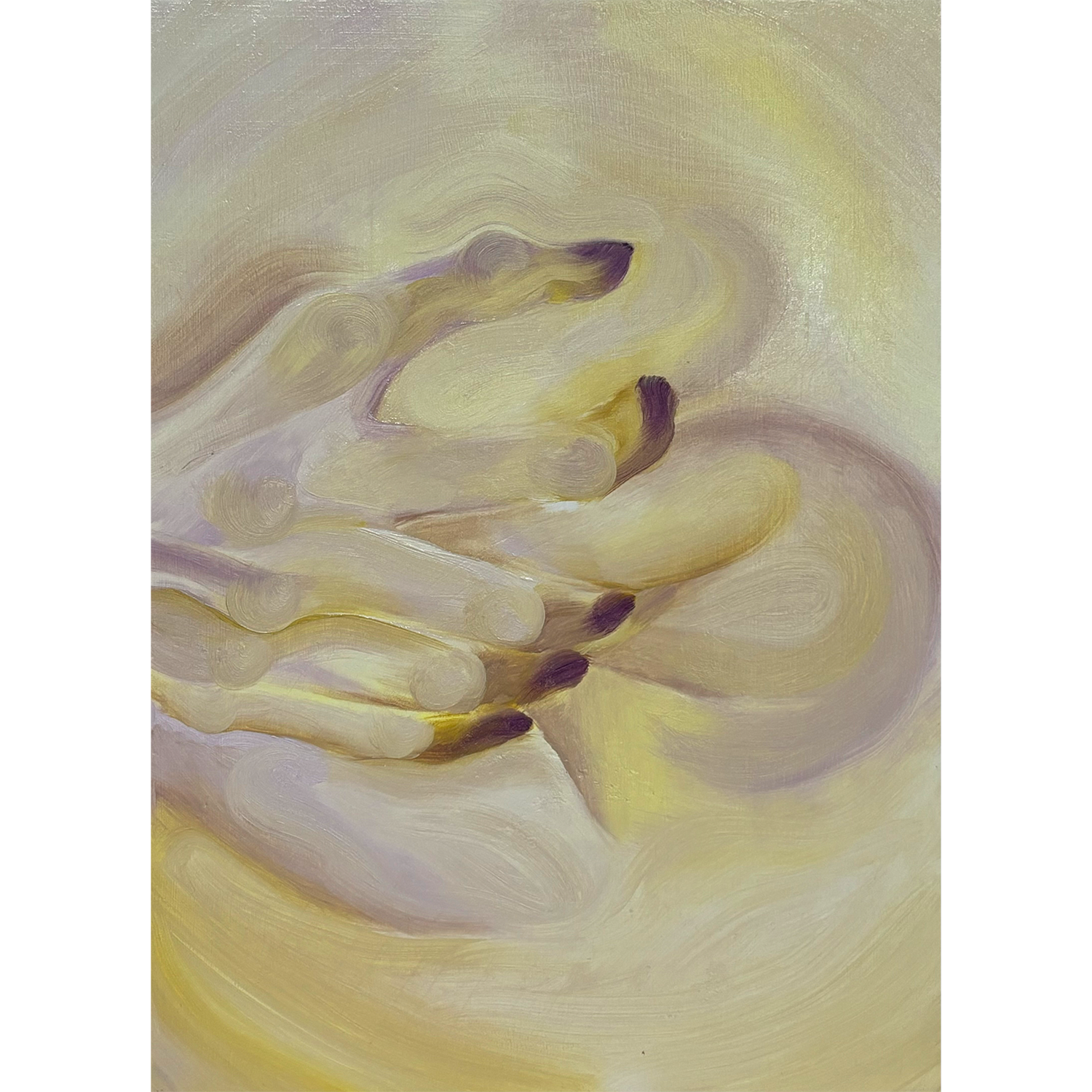 Abstract painting of two hands interlocked, rendered in soft pastel colors with swirling brushstrokes.