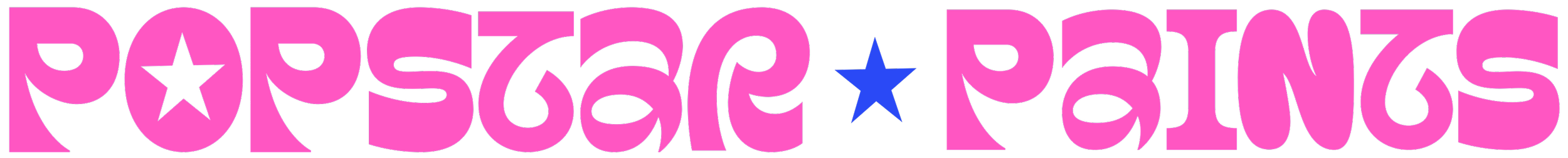 Stylized text logo reading 'POPSTAR PAINS' in pink letters with black accents, a blue star between the words.