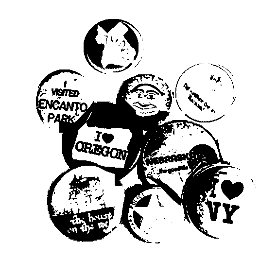 Collection of buttons featuring various images and text, including a dog, a heart, and phrases like 'I love Oregon' and 'United Encanto Park'.