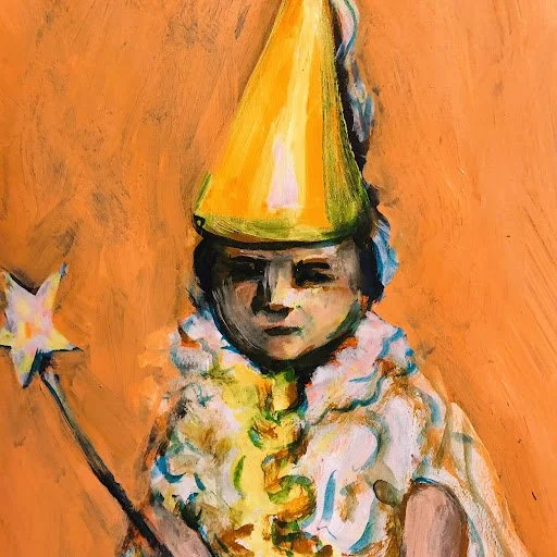 A child dressed as a magician with a yellow cone hat and a magic wand, standing against an orange background.