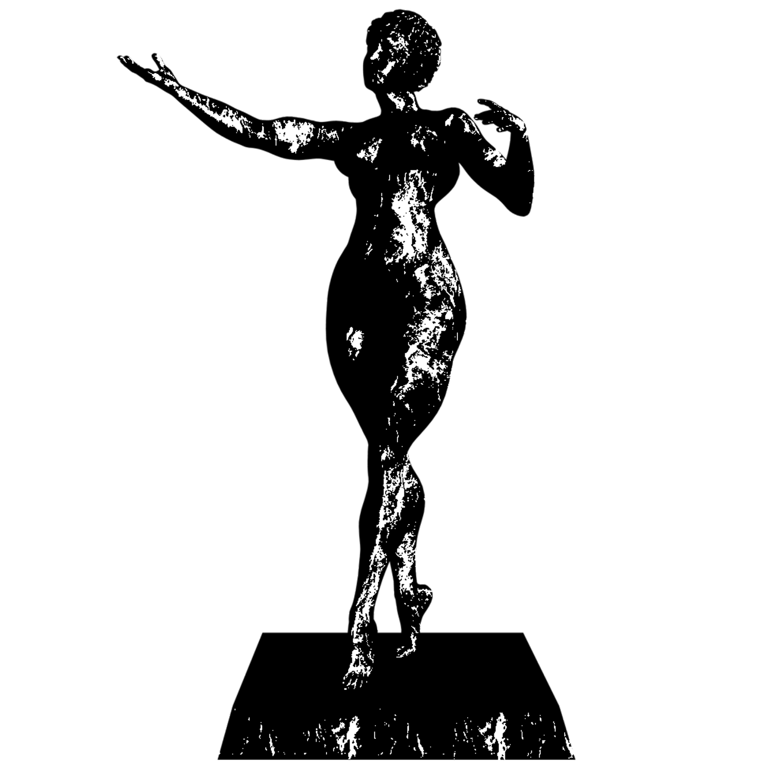 A black and white silhouette of a standing woman sculpture on a rectangular base, with arms outstretched and one hand near her shoulder.