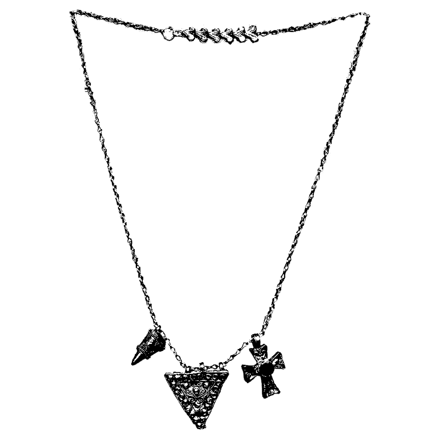 Necklace with a chain and three pendants: a pyramid with intricate details, a cone-shaped charm, and a cross.
