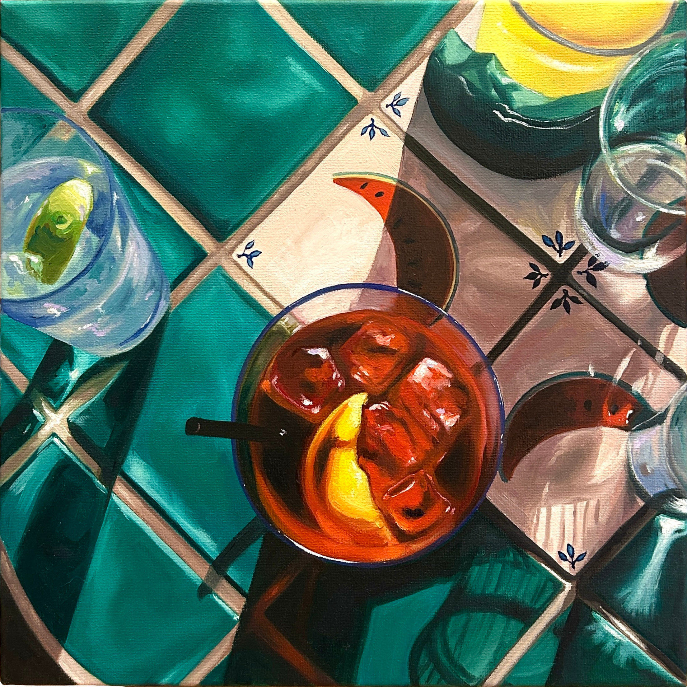 Painting of a turquoise and beige tiled table with glasses of water, one with a lime wedge, and a drink with ice and lemon, with reflections of sunlight on the table.