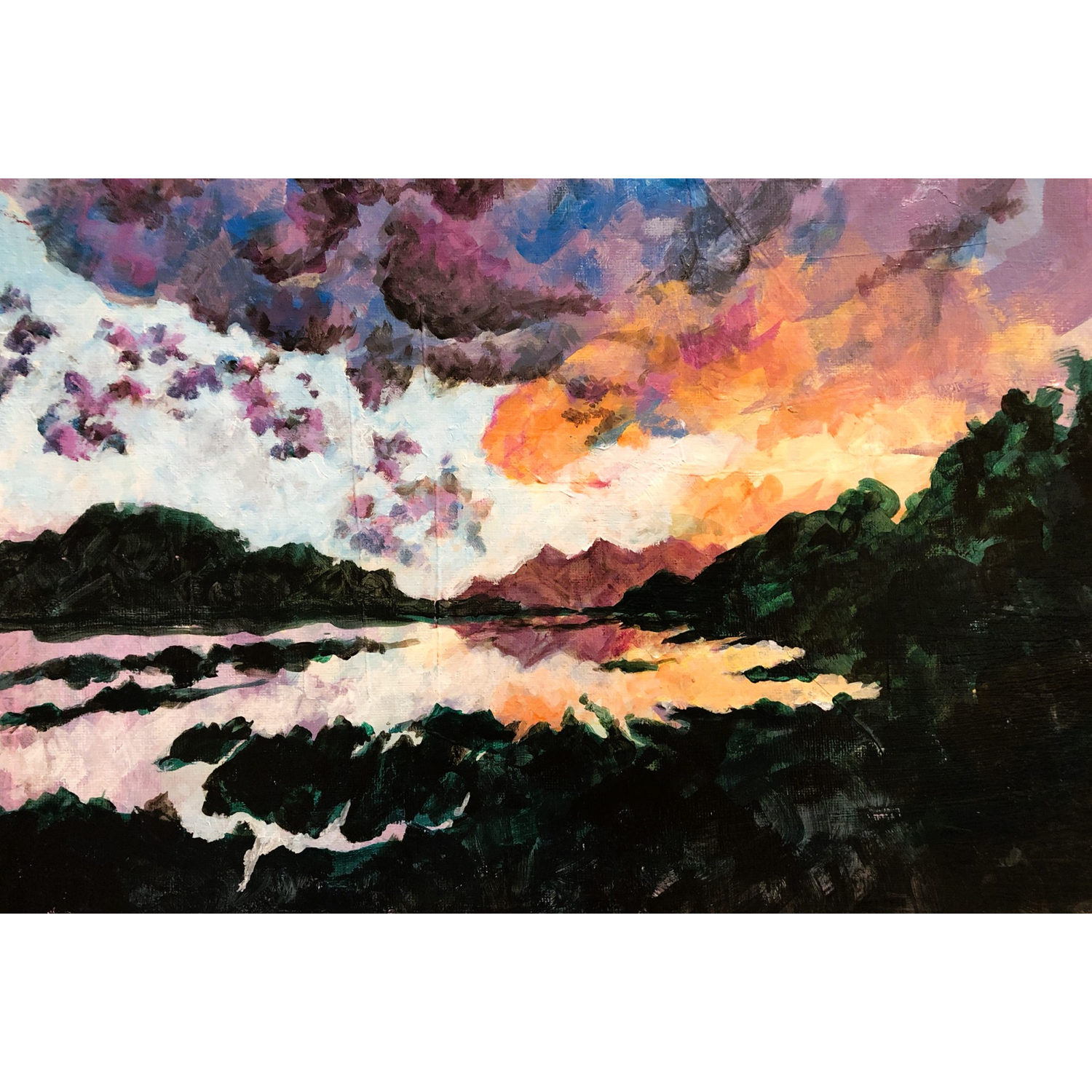 Painting of a colorful sunset over a body of water with dark mountains and trees on either side