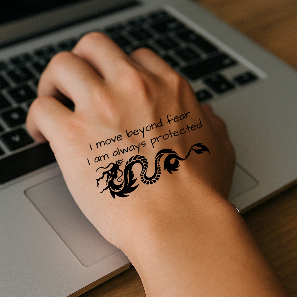 A hand of someone typing on the computer has a tattoo on the hand that reads: I move beyond fear. I am always protected. Below it has a Chinese dragon with a four pointed star on the forehead. 