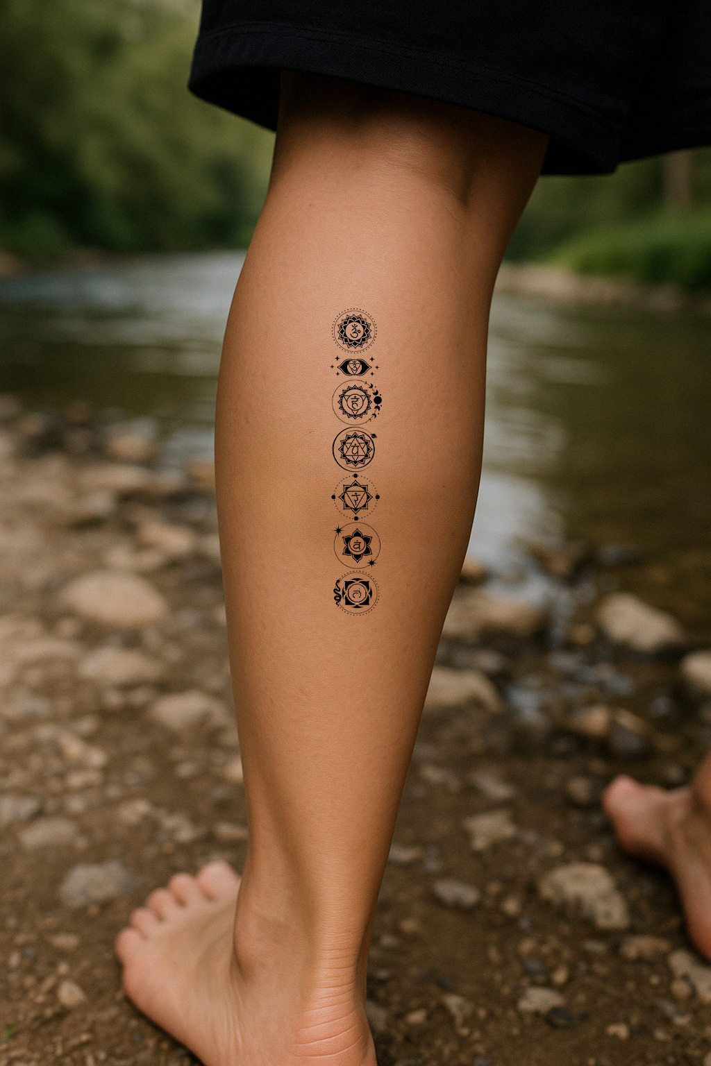 Someone's leg is in the river and you can see the 7 chakras tattoo on the back of the leg.