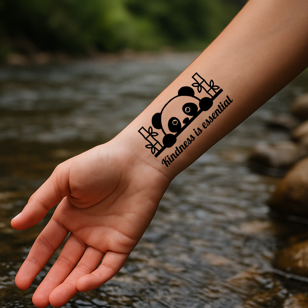 A hand is extended over the river. On the inner forearm there's a tattoo that reads: Kindness is essential. It has a curious panda next to bamboo looking at you directly.