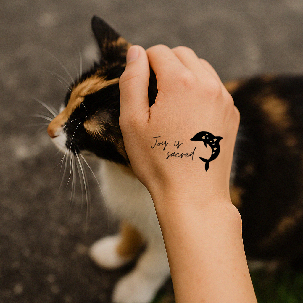 A hand is petting a calico cat. On top of the hand there's a tattoo that read "joy is sacred". Next to it there's a black dolphin with starts on top of it.