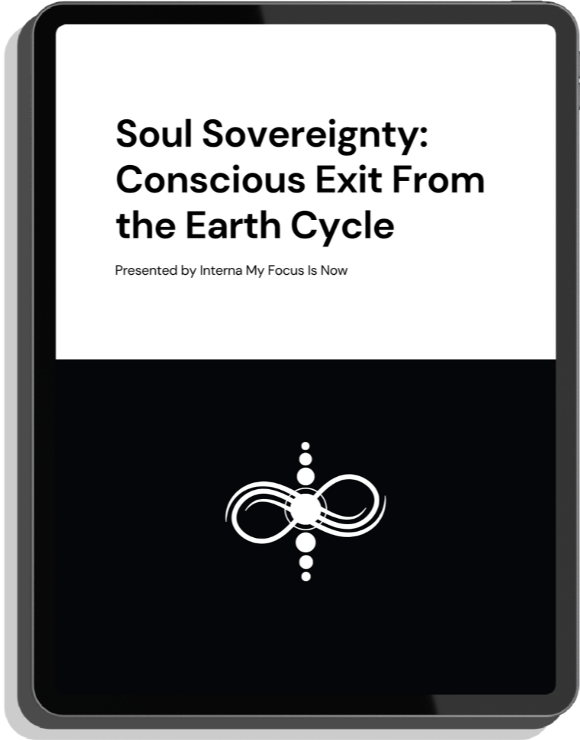 E-book cover titled "Soul Sovereignty: Conscious Exit From the Earth Cycle" with a black and white color scheme and a symbolic infinity loop with the 7 circles (7 chakras).