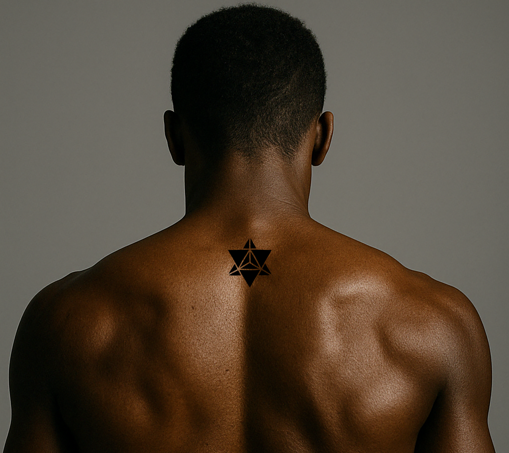 The back of the man shows the tattoo of a Merkaba in the upper middle of his back.