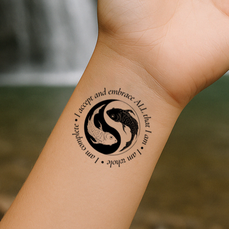 A male swimmer is getting ready to jump and on his left shoulder he has a tattoo that shows the ying/yang symbol with 2 koi fish, one black, one white, and it has the words - I accept and embrace ALL that I am. I am whole. I am complete".
