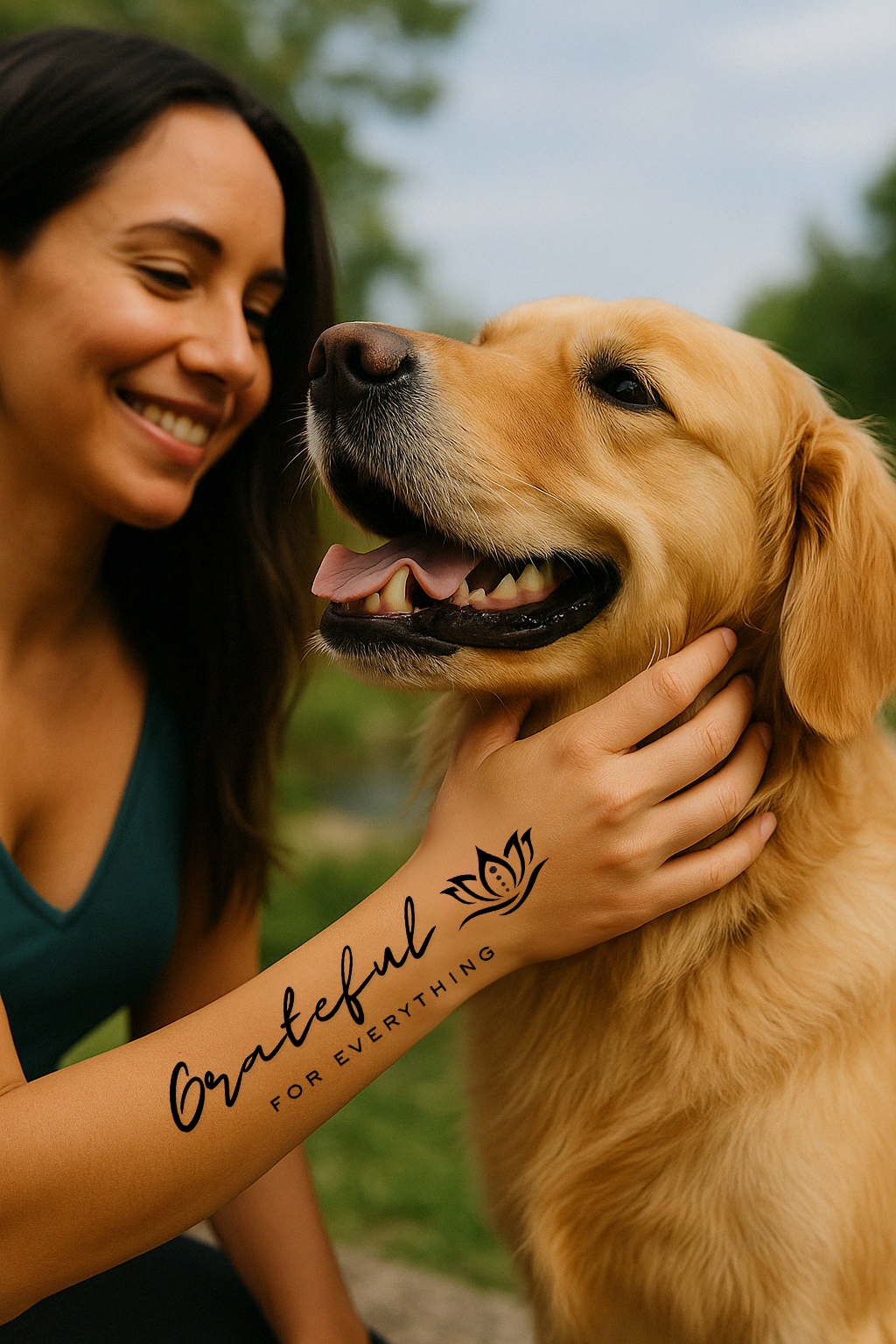 A woman is petting a Golden Retriever and she has a tattoo on the outer forearm that reads: Grateful for everything. Next to it there's a lotus flower with 4 circles in between one of the petals. 