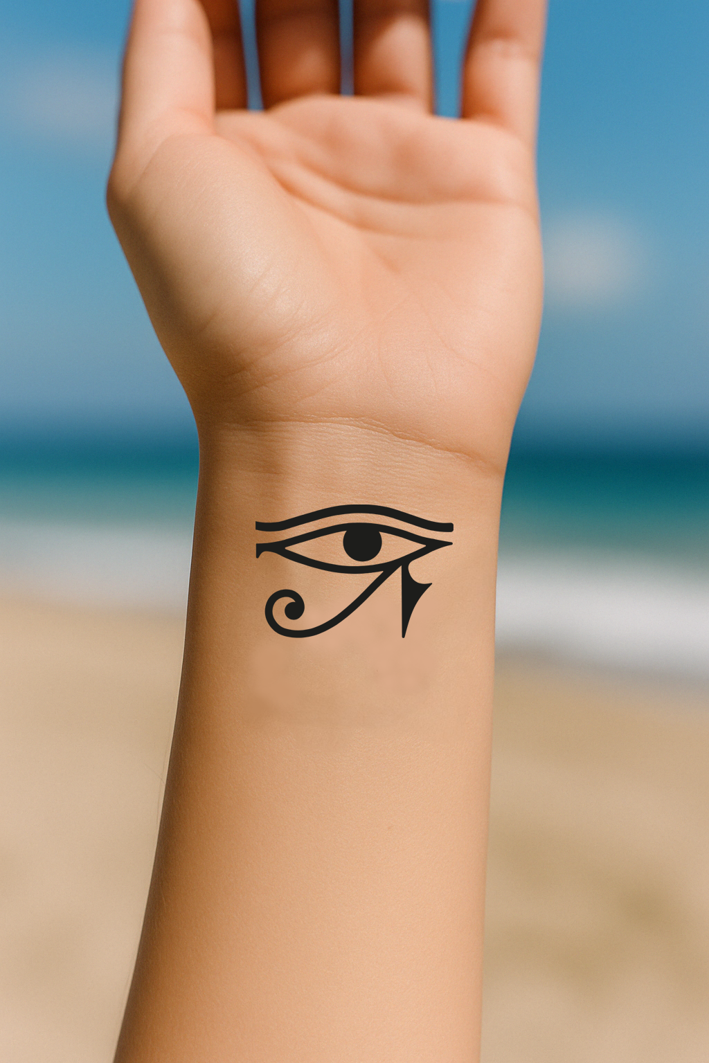 On the inner wrist someone has the tattoo of the Eye of Ra.