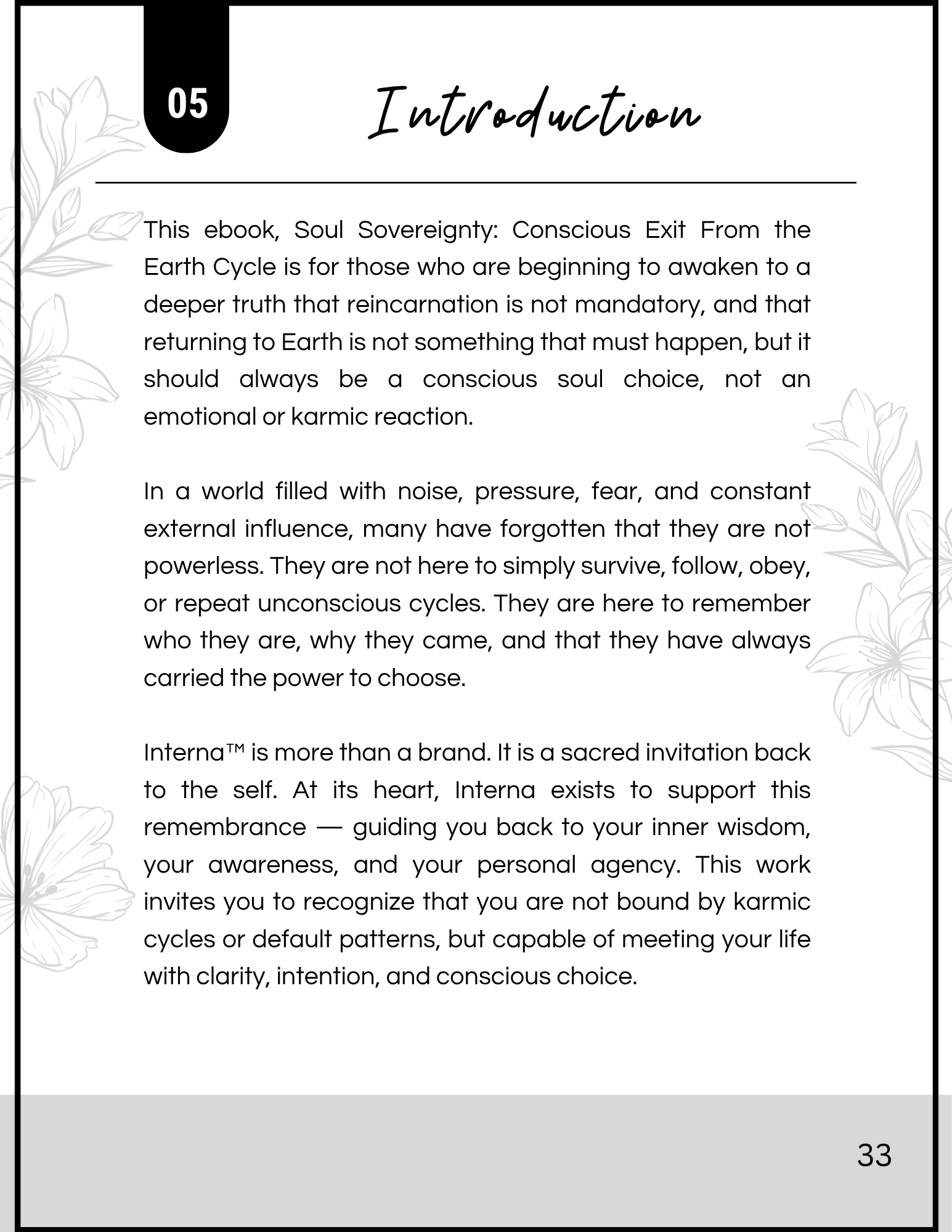 Book page titled 'Introduction' with floral illustrations on the left and right margins, featuring the chapter number '05' in a black circle at the top, and the page number '33' at the bottom right corner.