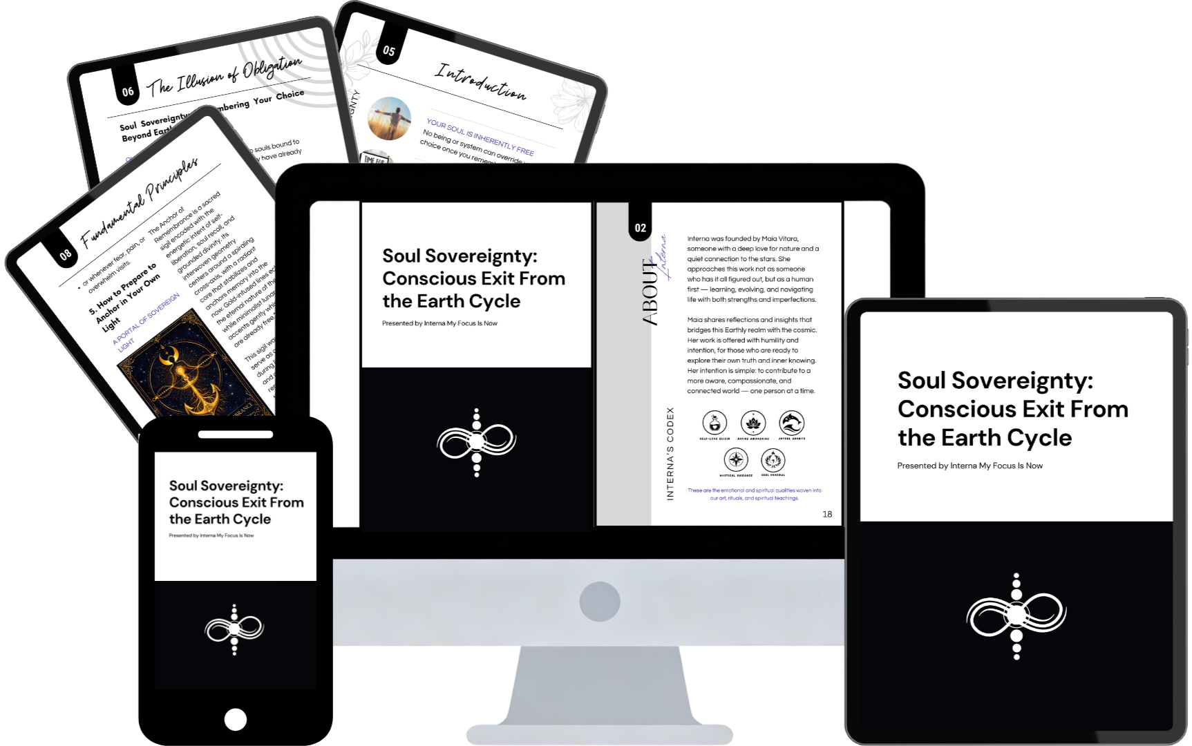 Multiple digital devices displaying a presentation titled "Soul Sovereignty: Conscious Exit From the Earth Cycle" with information about soul sovereignty, spiritual principles, and internal guidance