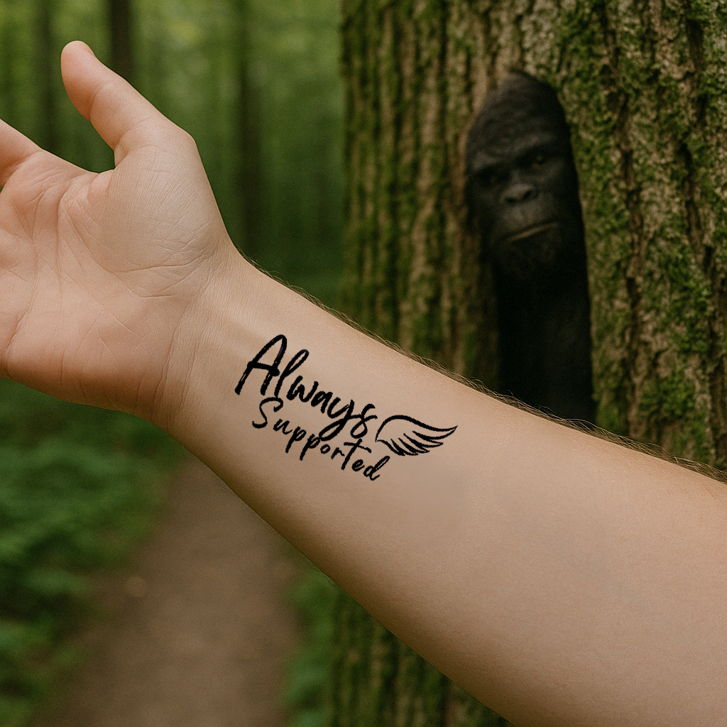 A hand extending and you can see a tattoo on the inner wrist that says "always supported". The background is a forest and a bigfoot watching from the distance.