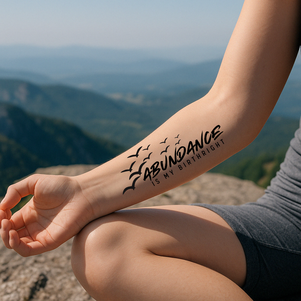 Female with brown skin color has a tattoo on her left shoulder that reads "Abundance is my birthright" and it has seagulls flying around it.