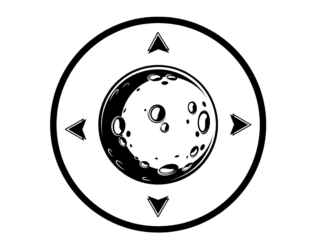 Black and white illustration of the moon with craters, set against a black background.