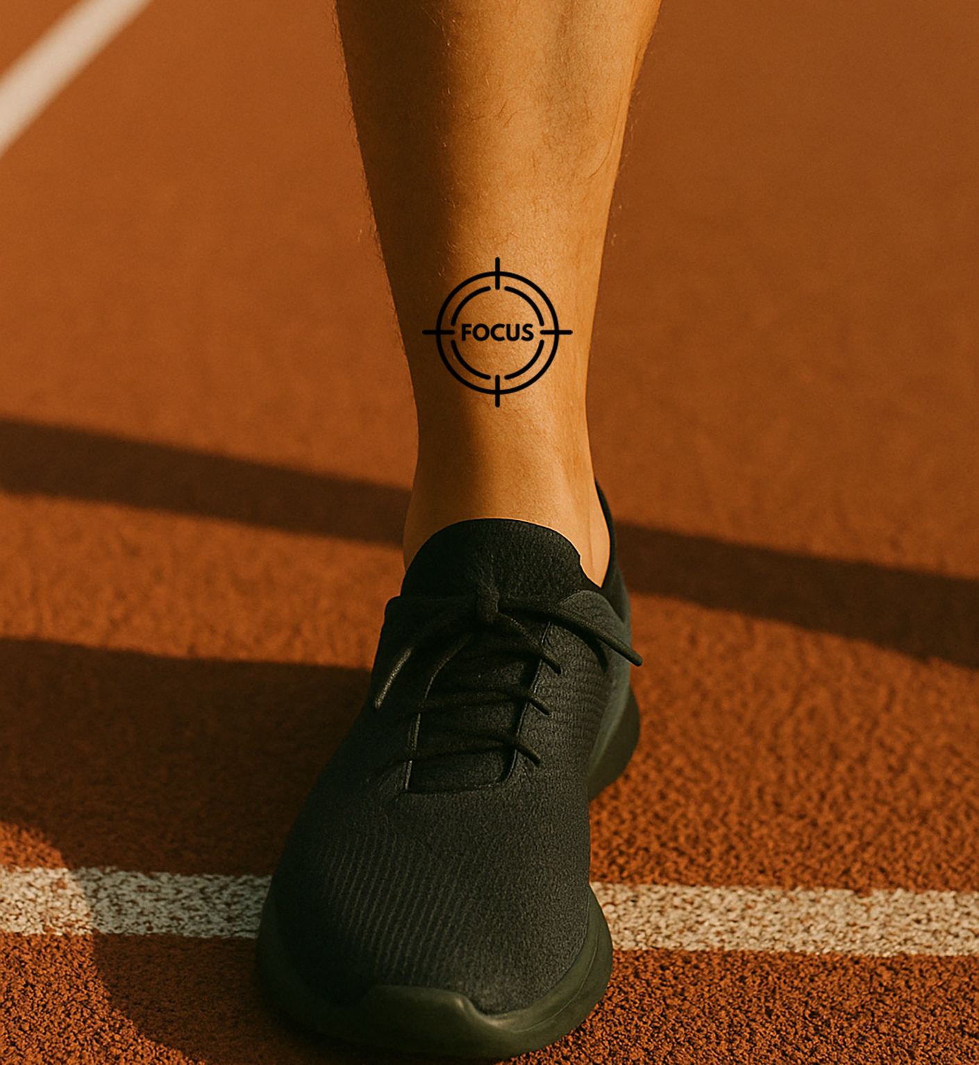 Someone's foot is on a racetrack and it has a tattoo in front of the foot and it reads "Focus" and around it, it looks like a target sign. 