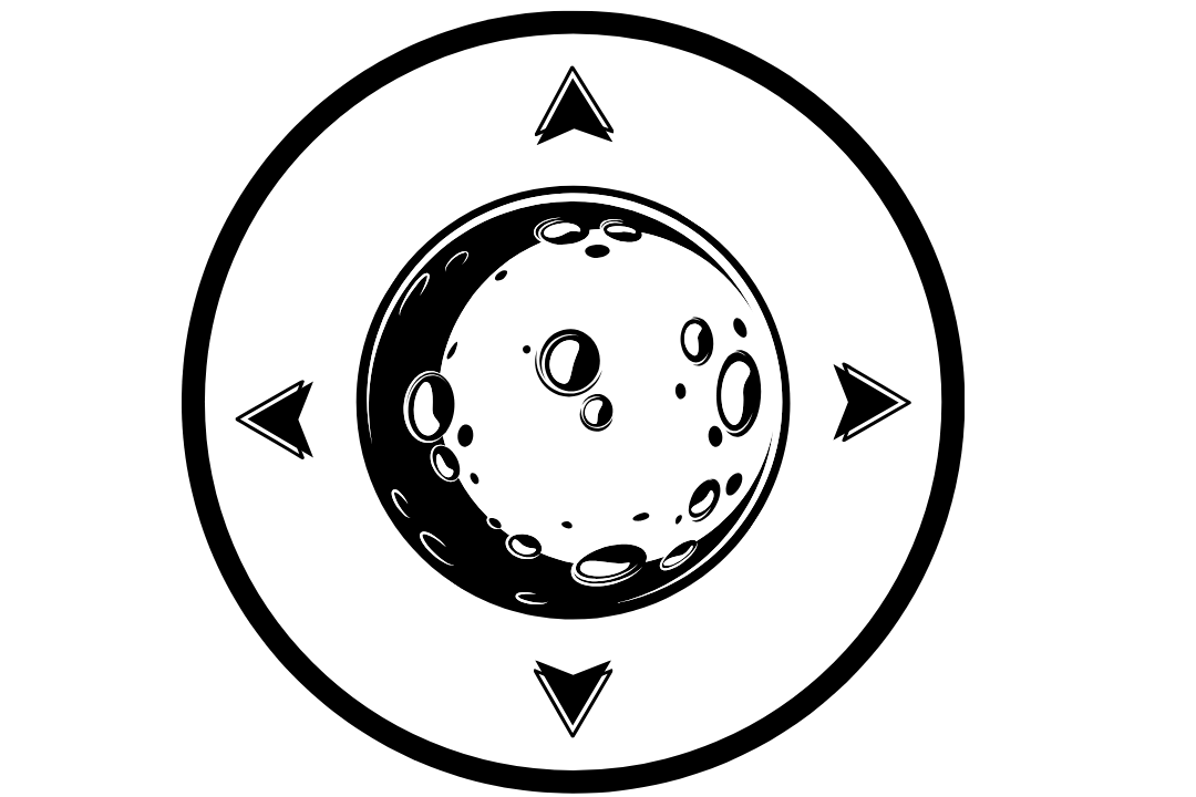 Black and white illustration of the moon with craters. The purpose is to teach us to walk with the moon as cocreators and allies. The moon is not a master.
