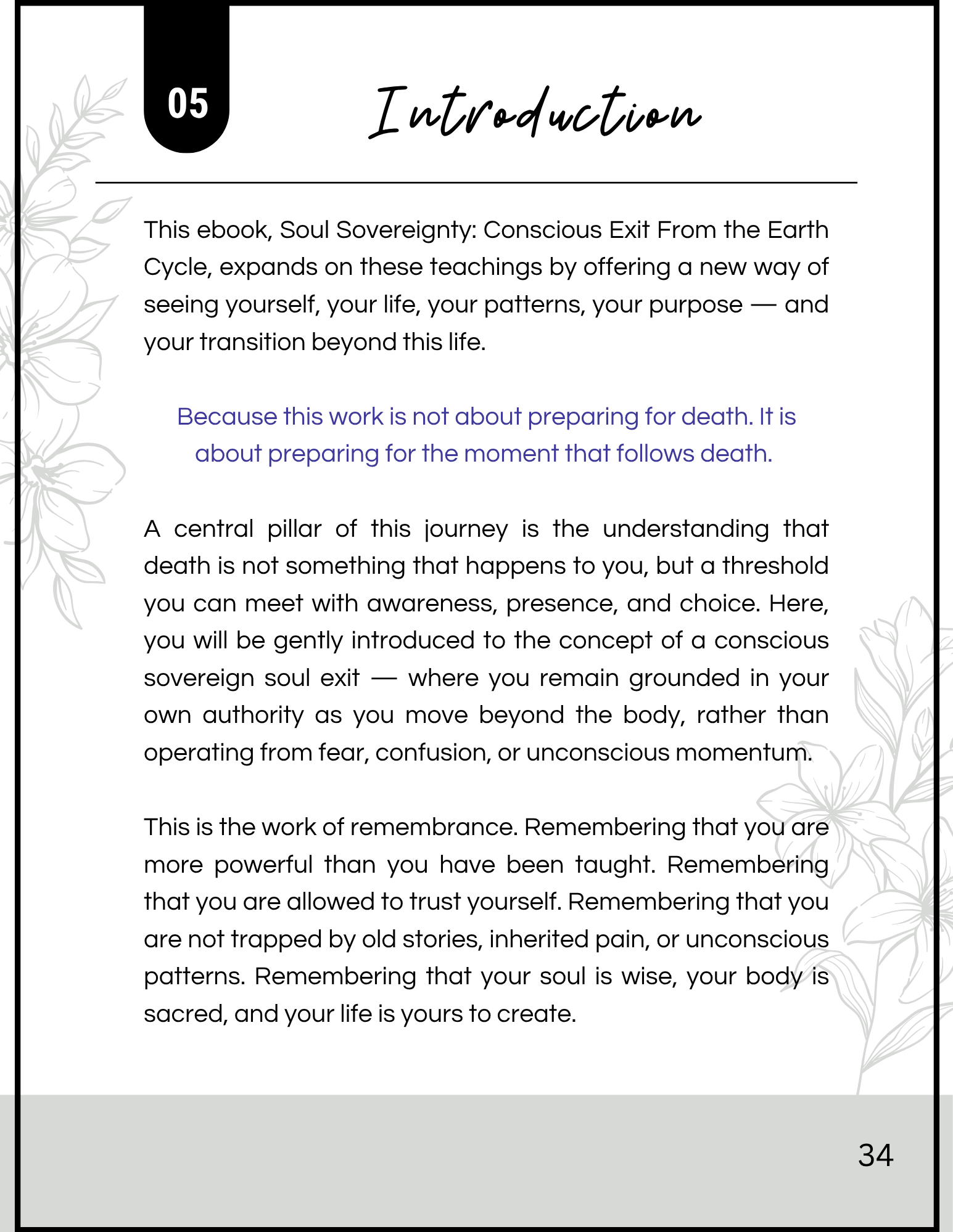A page from a book or ebook showing a section titled 'Introduction' with decorative floral patterns on the left and right margins, the number '05' in a black tab at the top left corner, and the page number '34' at the bottom right corner.