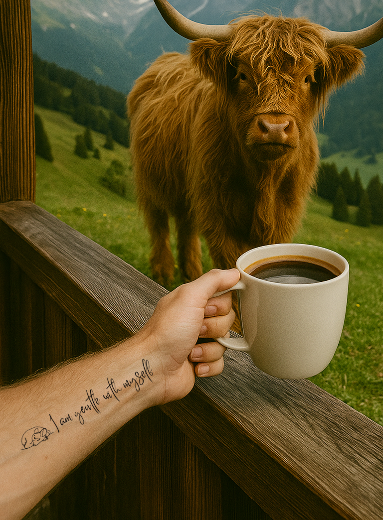 A man holding a cup has a tattoo on the inner forearm that reads: I am gentle with myself. Next to it there's a baby dear resting. A highland cow is watching the man from outside. 