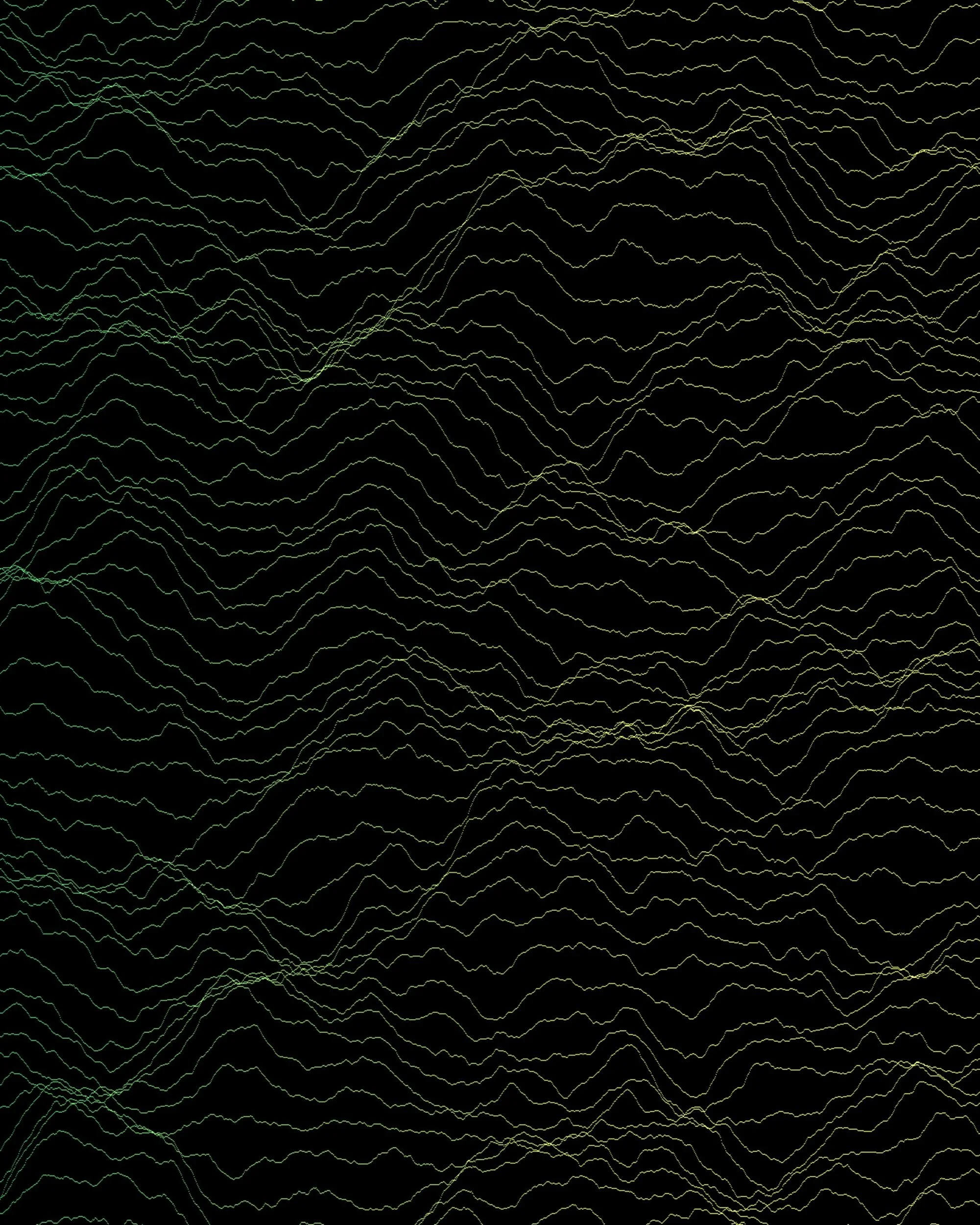 Abstract digital pattern with yellow-green lines on a black background, resembling waveforms or topographical contours.