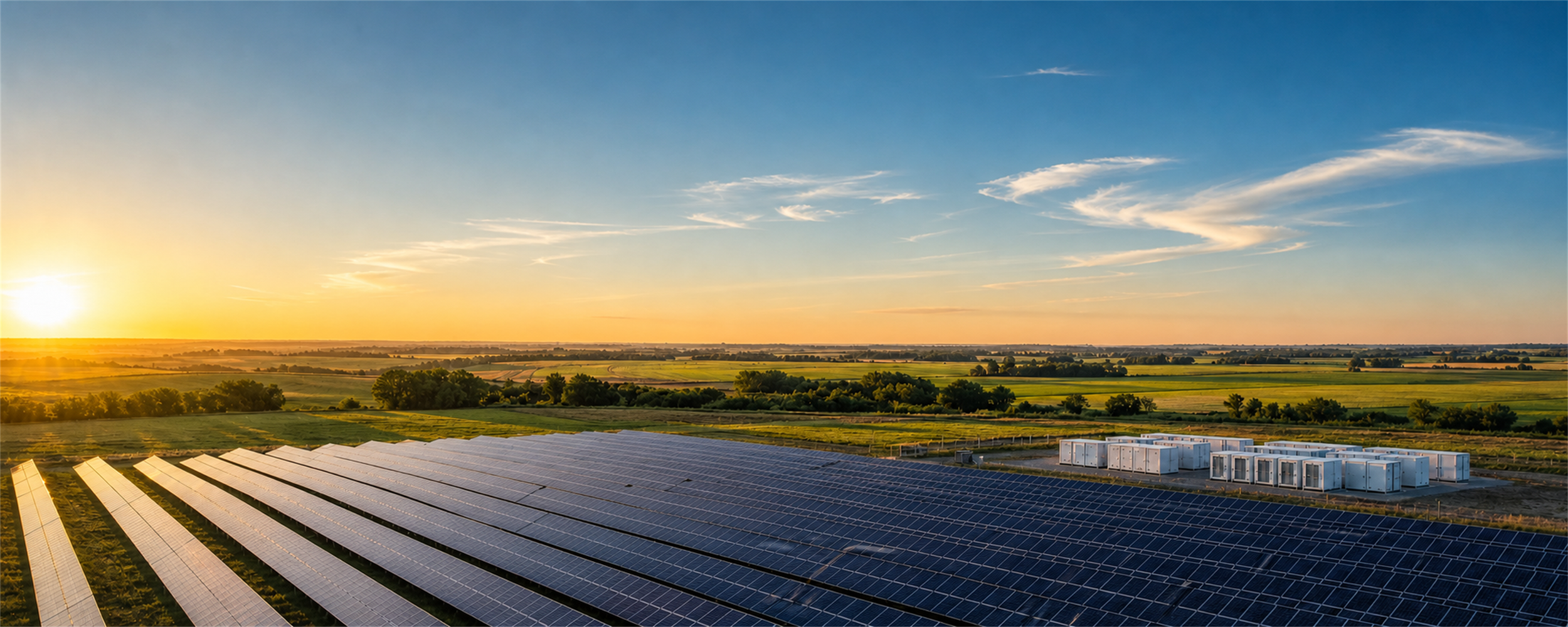 Solar array and grid-scale battery storage facility at sunrise.