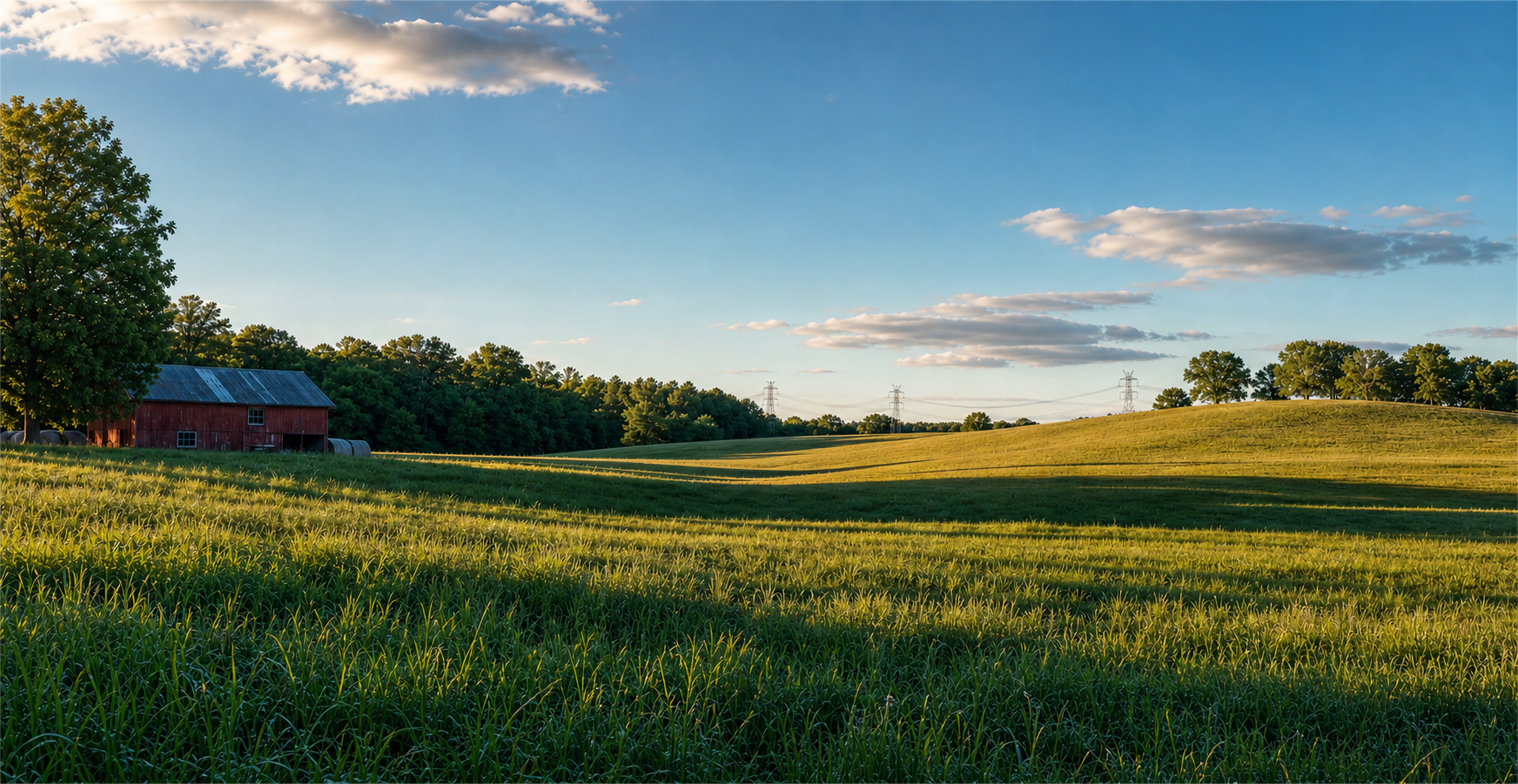 Open Northeastern farmland with a barn and nearby utility lines at golden hour.