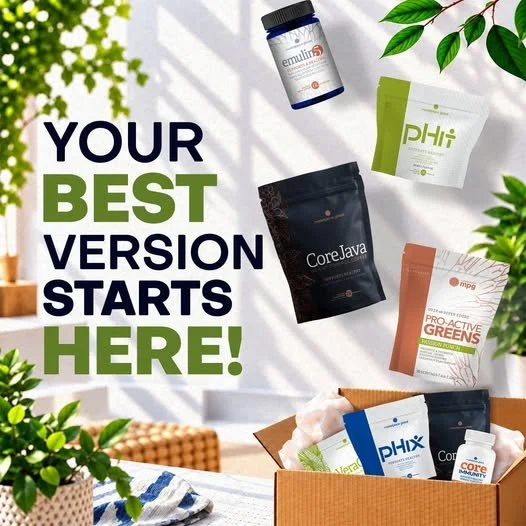 Arrangement of health supplements and powders with the text 'Your Best Version Starts Here' on a white surface surrounded by green plants.
