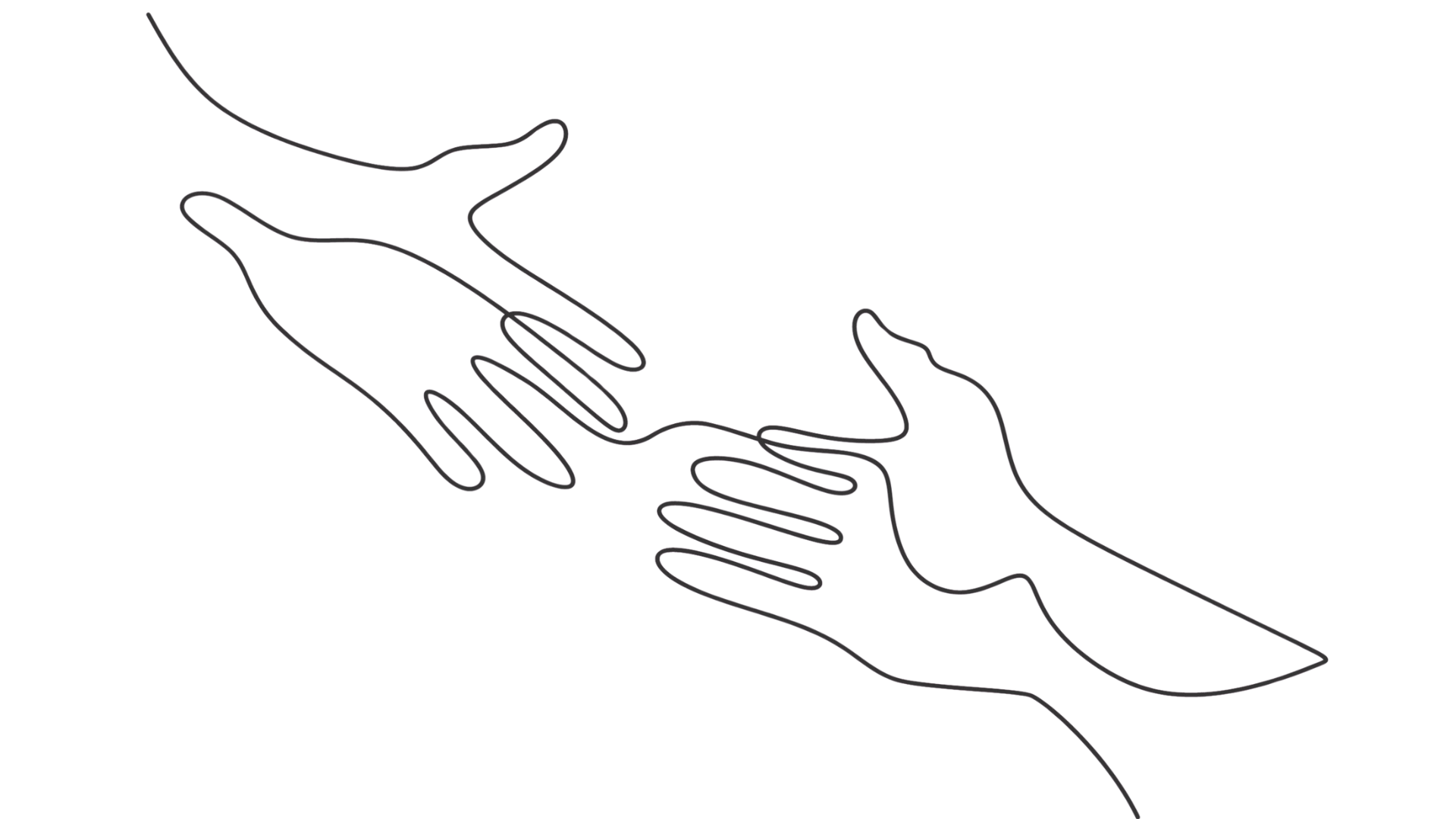 Outline of two hands reaching out towards each other, with one hand on the left and the other on the right, depicted with minimalistic linear drawing.