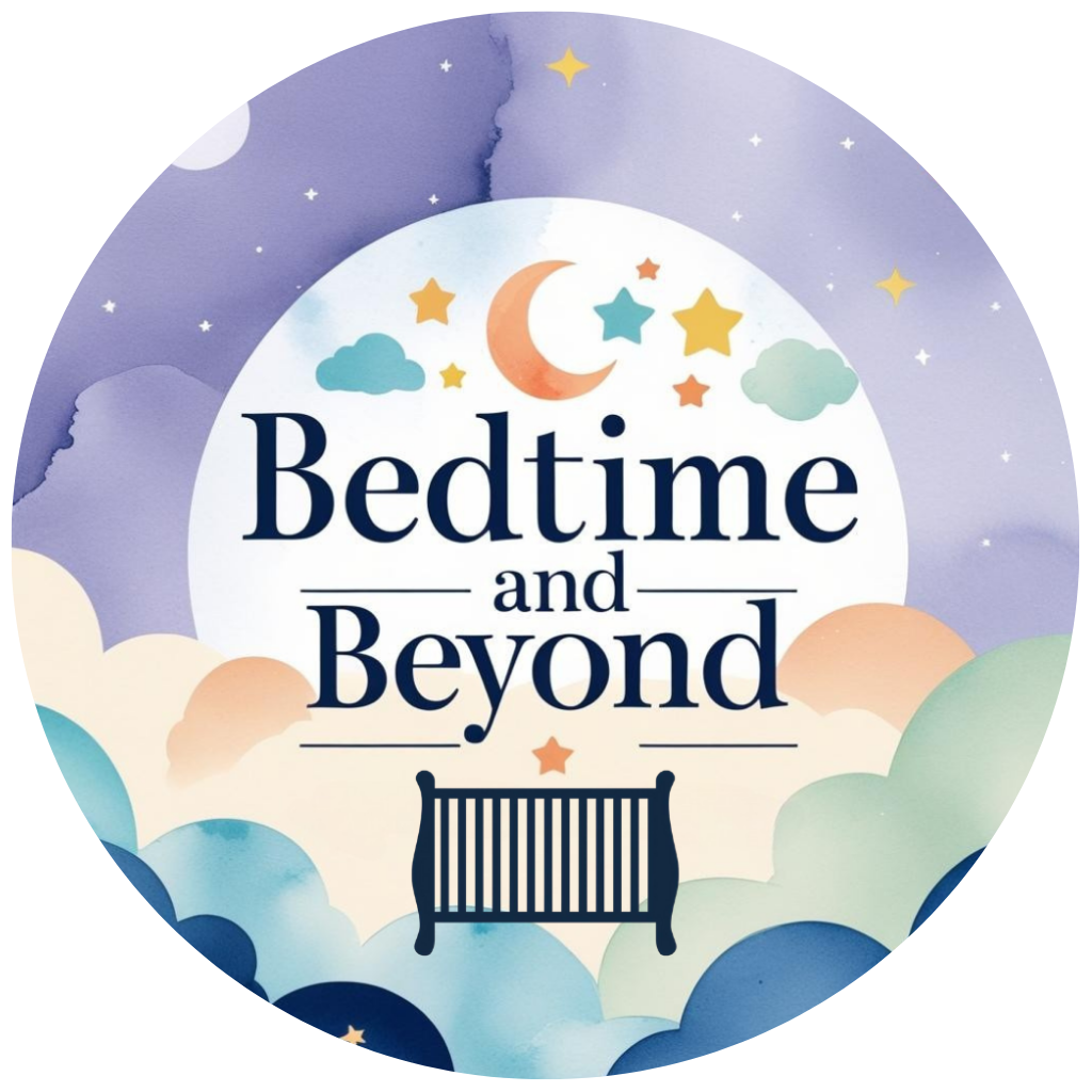 A children’s book cover titled "Bedtime and Beyond" with sky, stars, clouds, and a crib illustration.