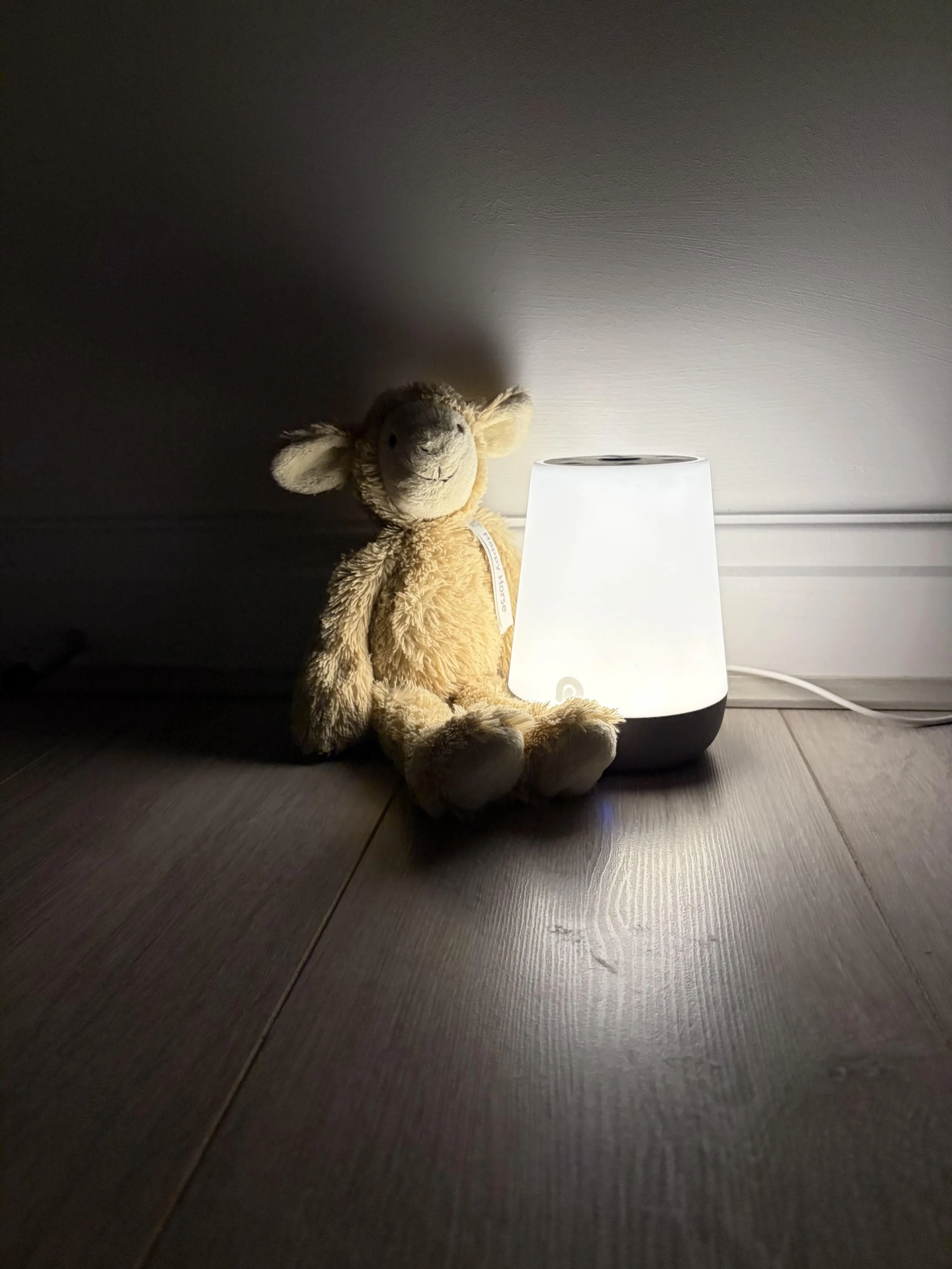 A plush teddy bear sitting next to a lit white diffuser on a wooden floor, against a white wall.