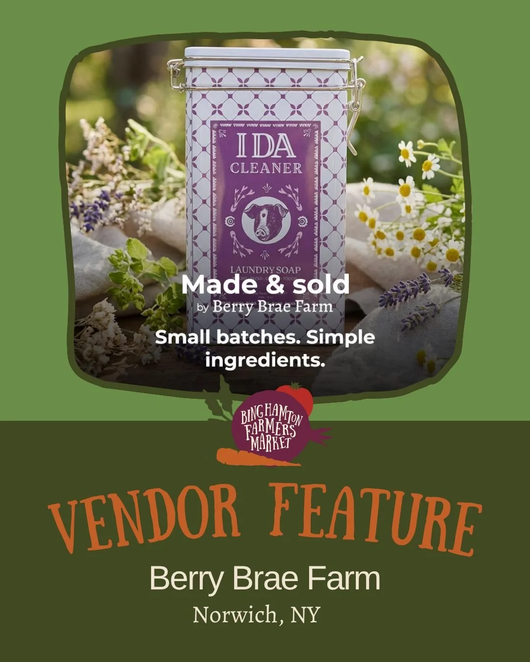 Vendor highlight! 🌿 Berry Brae Farm is a regenerative livestock farm in Chenango County, NY raising pasture-based pork, lamb, poultry, and turkeys.

They also offer Ida Cleaner, a PFAS-free natural laundry soap, plus farm-made skincare and Snow Farm