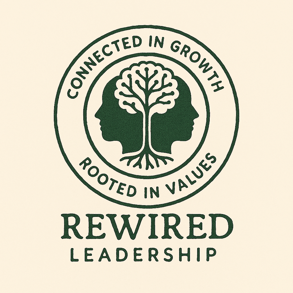A circular logo with the words "Connected in Growth, Rooted in Values" around the top and bottom. Inside, there is a silhouette of two human faces facing opposite directions with a tree growing in the center, symbolizing growth and connectedness. Below the logo, the text reads "Rewired Leadership."