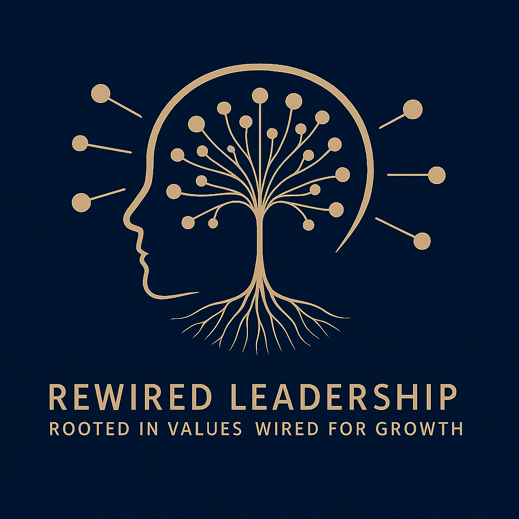Book cover titled "Rewired Leadership" with a stylized graphic of a human head and brain made of interconnected nodes resembling a tree, on a dark background.
