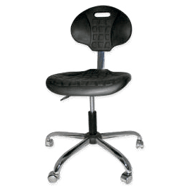 Silla ESD  negra con respaldo y asiento acolchados, base con ruedas metalicas