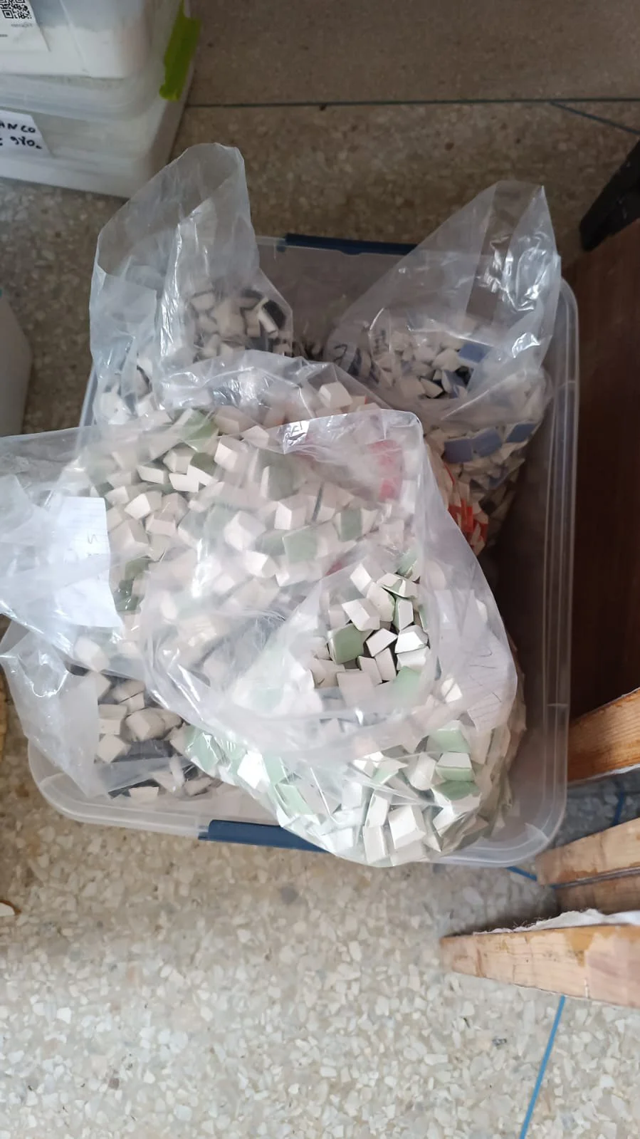 Items packed by colour, ready to be sent to France.