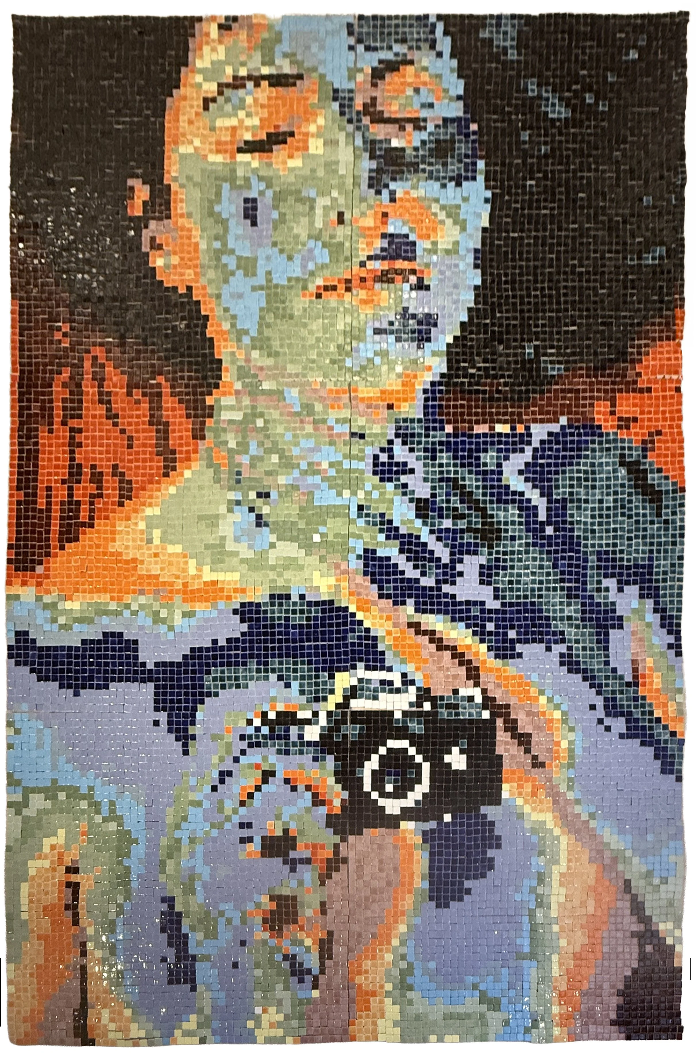 A pixelated self-portrait composed of 13,012 porcelain pieces, each measuring 2 cm on each side.
The pieces were produced in collaboration with the Moroccan ceramic artist Amin Bakhti.
The work was created during a performance at the Galerie Grande i
