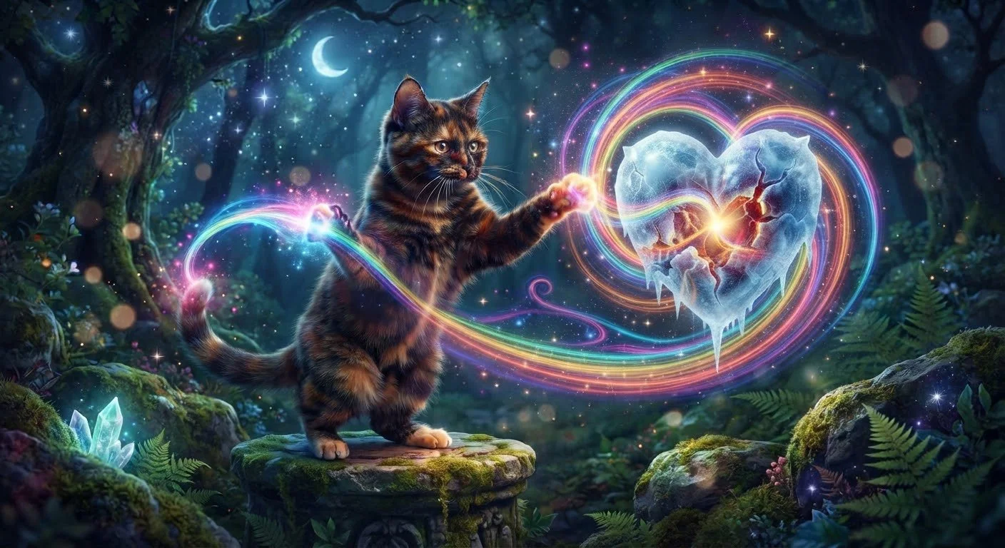 Illustration of a cat wielding rainbow energy to soften a frozen heart