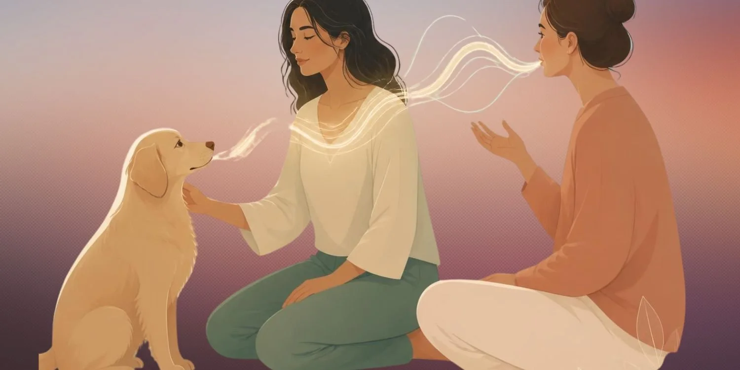 two women and a dog in illustrative style. Showing animal communication