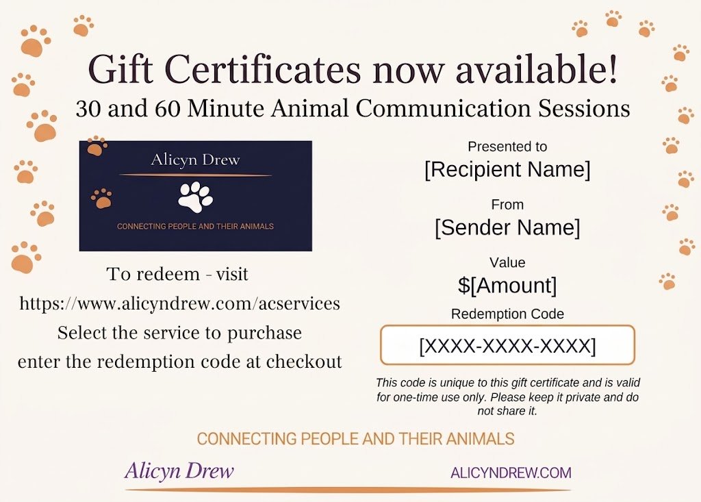 I'm now offering gift certificates for sale on my site for an animal communication reading. I'm currently charging $65 for a 30 minute reading and $125 for a full hour reading.

 #animalcommunicator