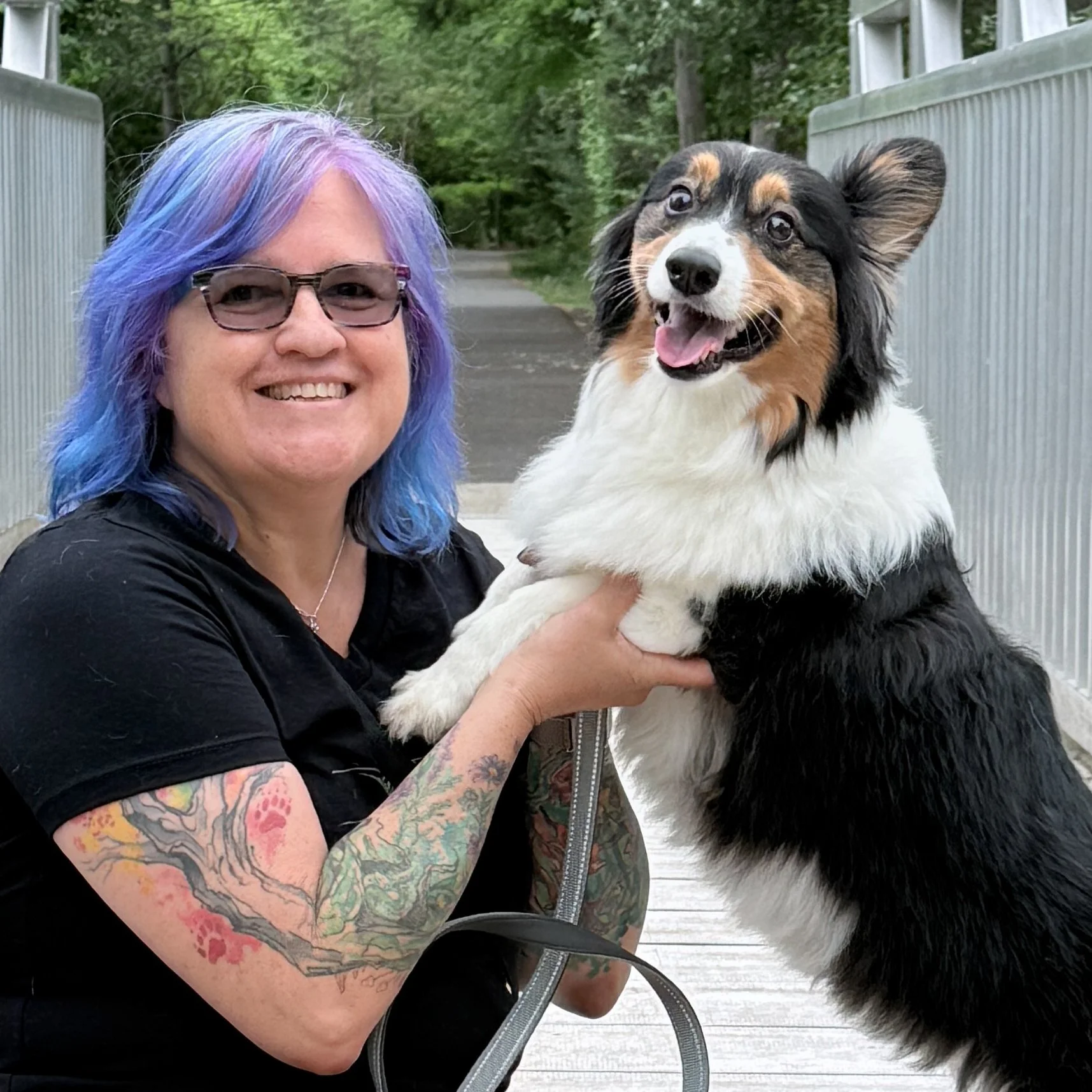 Woman with purple hair and a tri color fluffy corgi