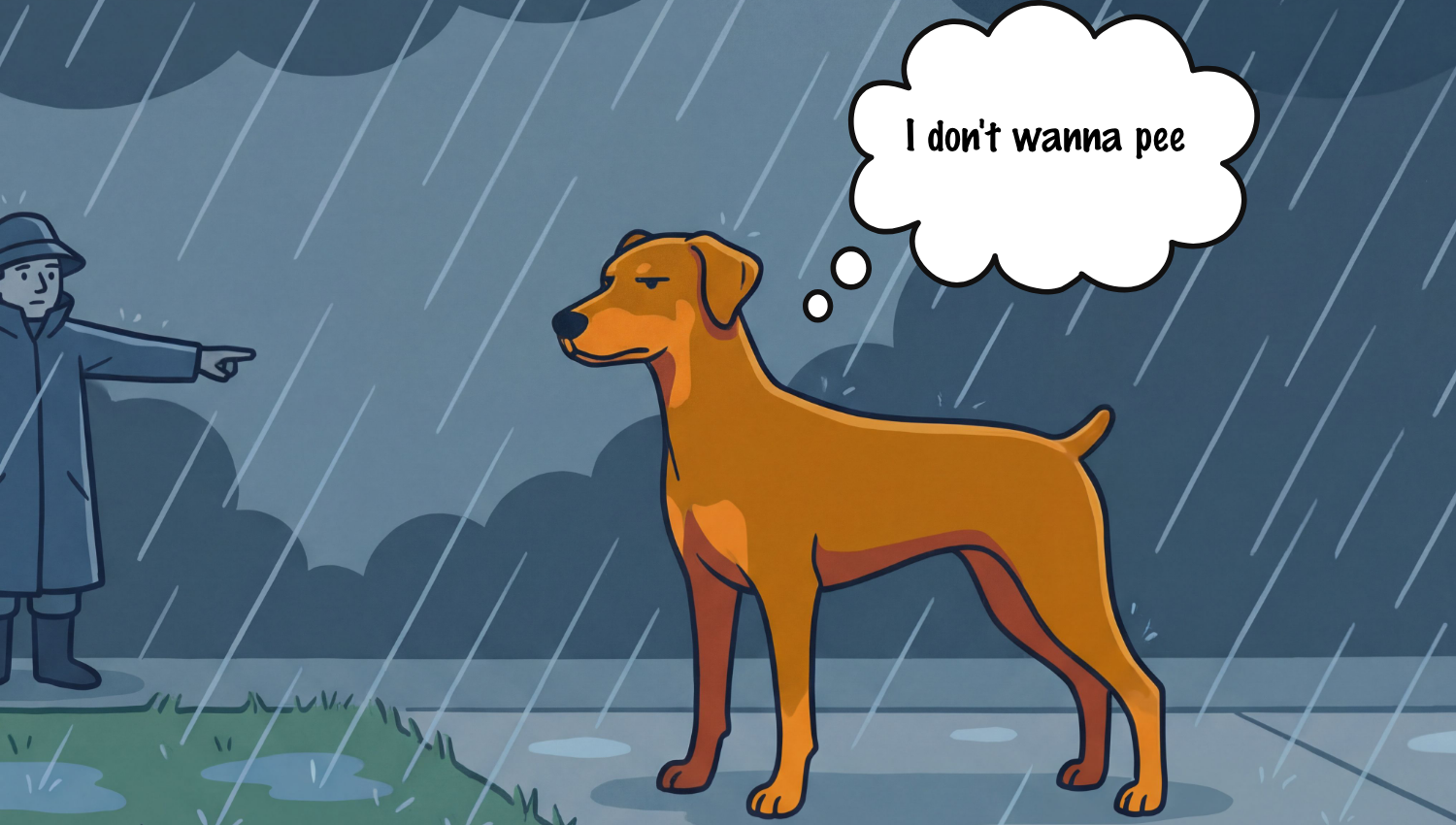 a cartoon of a dog in the rain, with a human pointing to them with a thought bubble on the dog "I don't wanna pee"